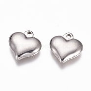 304 Stainless Steel Pendants, Puffed Heart, Jewelry Making, for Women, Stainless Steel Color, 15x14.5x4mm, Hole: 1.8mm(X-STAS-G218-02P)