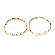 Round Brass Stretch Beaded Bracelets, for Valentine's Day, with Acrylic Letter Beads, Word Love, Golden, Colorful, Inner Diameter: 2-1/4 inch(5.7cm)(BJEW-JB06231-01)