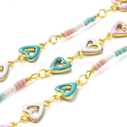 Handmade Brass Enamel Heart Link Chains, Glass Beaded Chains, Real 18K Gold Plated, Soldered, with Spool, Cadmium Free & Lead Free, Medium Turquoise, Bead Link: 23~24x3x2mm, Heart: 10.5x7x2mm(CHC-M024-25G-01)