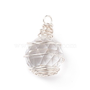 Wire Wrapped Transparent Glass Pendants, Faceted, Round, Silver, Clear, 35x22.5mm, Hole: 4.2mm(PALLOY-JF01829)