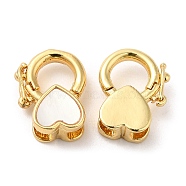 Rack Plating Brass Twister Clasps, with Shell, Cadmium Free & Lead Free, Real 18K Gold Plated, Long-Lasting Plated, Heart, 14mm, Heart: 7x8x5.5mm, Hole: 3x3mm(KK-C025-01A-G)