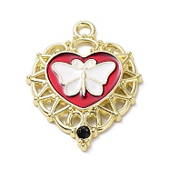 Alloy Enamel Pendants, with Rhinestone, Heart with Butterfly Charm, Golden, 33.5x26x3mm, Hole: 2.8mm(ENAM-B058-01G-02)