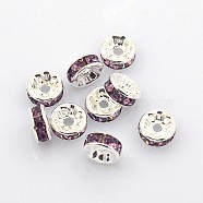 Brass Rhinestone Spacer Beads, Grade A, Silver Color Plated, Rondelle, Purple, Size: about 8mm in diameter, 3.5mm thick, hole: 2mm(RB-A004-1)