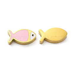 Ion Plating(IP) 304 Stainless Steel Beads, with Enamel, Real 18K Gold Plated, Fish, Pink, 7x13.5x3mm, Hole: 1.8mm(STAS-C074-10G-02)