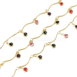 3.28 Feet Handmade Brass Bar Link Chains, with Mixed Color Cubic Zirconia Charm, Soldered, Long-Lasting Plated, Flat Round, Colorful, Real 18K Gold Plated, 7.5x5x2.5mm(X-CHC-I006-11B-G)