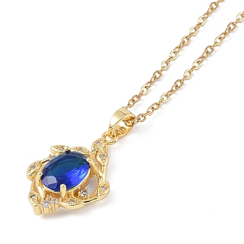 201 Stainless Steel Cable Chain Necklaces, Brass Micro Pave Blue Cubic Zirconia Pendant Necklaces, Real 18K Gold Plated, Rhombus, 16.14 inch(41cm), Pendant: 22x15mm
