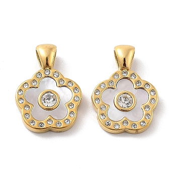 Natural Shell Pendants, with Ion Plating(IP) 304 Stainless Steel Rhinestone Findings, Real 14K Gold Plated, Flower, 17.5x12.5x3mm, Hole: 4x3mm