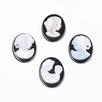 Natural Black Agate Cameo Cabochons, with Shell, Oval with Women Portrait, 25x18x4~4.5mm