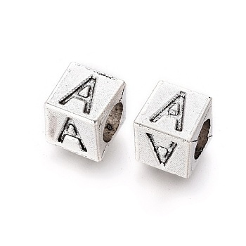 Antique Silver Plated Initial Letter Alloy European Beads, Horizontal Hole, Large Hole Cube Beads, Cadmium Free & Lead Free, Letter.A, 7x7x7mm, Hole: 5mm