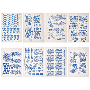 8 Sheets 8 Style Paper Ceramic Decals, Pottery Ceramics Clay Transfer Paper, Underglaze Flower Paper, Blue and White Porcelain Style, Royal Blue, 530x380x0.1mm, 1 sheet/style