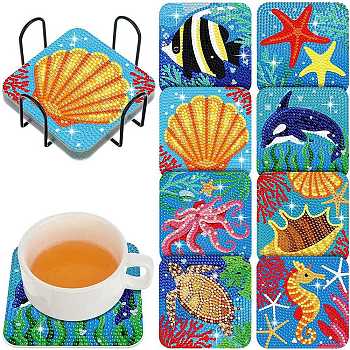 DIY Marine Animal Theme Diamond Painting Square Wood Cup Mat Kits, Coster Holder, Resin Rhinestones, Diamond Sticky Pen, Tray Plate and Glue Clay, Mixed Color, Packaging: 130x126x80mm