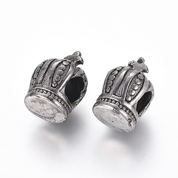 304 Stainless Steel European Beads, Large Hole Beads, Crown, Antique Silver, 14x9x10mm, Hole: 4.5~5mm