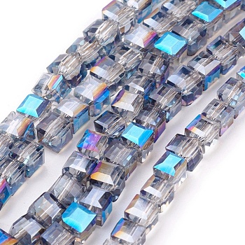1 Strand Electroplate Glass Beads Strands, Half Plated, Faceted, Cube, Sky Blue, 4x4x4mm, Hole: 1mm, about 100pcs/strand, 16.9 inch