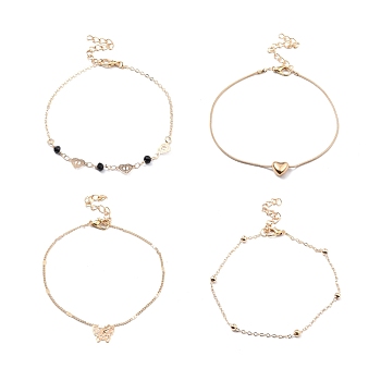4Pcs 4 Style Alloy Chain Anklets Set with Heart Beaded and Butterfly Charm for Women, Light Gold, 8.86~9.25 inch(22.5~23.5cm)