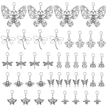 Insect Theme Tibetan Style Alloy Pendant Decoration, with Lobster Claw Clasps, Dragonfly/Bee/ButterflyLadybug, Antique Silver & Platinum, 25~52mm, 10 style, 4pcs/style, 40pcs/set