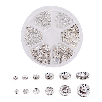 Brass Rhinestone Spacer Beads, Grade AAA, Straight Flange, Silver Color Plated, Rondelle, Crystal, 8x2cm, 120pcs/set