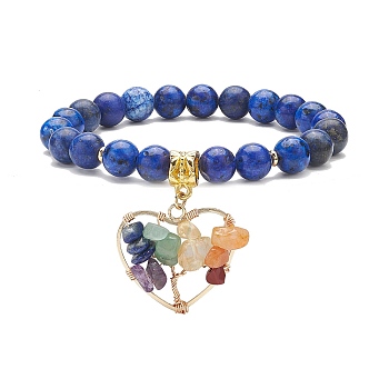 Natural Lapis Lazuli(Dyed) Stretch Bracelet, Yoga Chakra Mixed Gemstone Chips Heart with Tree Charms Bracelet for Women, Inner Diameter: 2-1/8 inch(5.4cm)