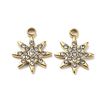 Ion Plating(IP) 304 Stainless Steel Charms, with Crystal Rhinestone, Star Charm, Real 18K Gold Plated, 13x10x2mm, Hole: 1.2mm