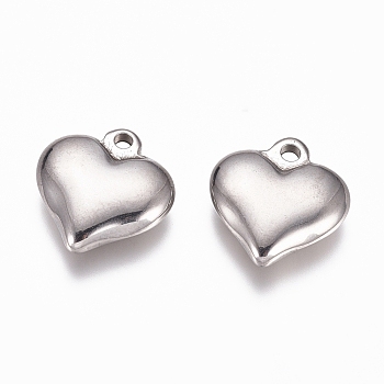 304 Stainless Steel Pendants, Puffed Heart, Jewelry Making, for Women, Stainless Steel Color, 15x14.5x4mm, Hole: 1.8mm