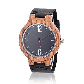 Zebrano Wood Wristwatches, Men Electronic Watch, with Leather Watchbands and Alloy Findings, Black, 260x23x2mm, Watch Head: 55x45x12.5mm, Watch Face: 37mm