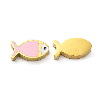 Ion Plating(IP) 304 Stainless Steel Beads, with Enamel, Real 18K Gold Plated, Fish, Pink, 7x13.5x3mm, Hole: 1.8mm