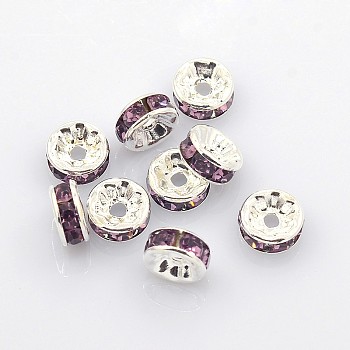 Brass Rhinestone Spacer Beads, Grade A, Silver Color Plated, Rondelle, Purple, Size: about 8mm in diameter, 3.5mm thick, hole: 2mm
