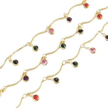 3.28 Feet Handmade Brass Bar Link Chains, with Mixed Color Cubic Zirconia Charm, Soldered, Long-Lasting Plated, Flat Round, Colorful, Real 18K Gold Plated, 7.5x5x2.5mm