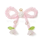 Glass Seed Beaded Bowknot & Flower Pendants, with 304 Stainless Steel, Real 18K Gold Plated, Pink, 37.5x49x8mm, Jump Ring: 5x0.8mm, Inner Diameter: 3.5mm(PALLOY-MZ01220-01)