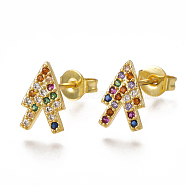 Brass Micro Pave Cubic Zirconia(Random Mixed Color) Ear Studs, with Ear Nuts, Arrows, Golden, 10x6.5mm, Pin: 0.7mm(EJEW-S201-89)