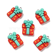 Christmas Opaque Resin Pendants, with Platinum Tone Iron Loops, Gift Box Charm, Red, 24x19x8.5mm, Hole: 2x2.2mm(RESI-G043-A04)
