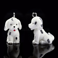 Opaque Resin Pendants, with Platinum Tone Iron Loops, Flocky Dalmatian Dog Charms, White, 28.5~30x25.5~26.5x17mm, Hole: 2.5mm(RESI-T053-17)