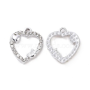 Alloy Crystal Rhinestone Pendants, Heart Charms, Platinum, 18x15x2.5mm, Hole: 1.8mm(ALRI-H004-40P)
