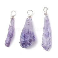 Electroplated Natural Quartz Crystal Dyed Pendants, Teardrop Charms with Silver Color Plated Copper Wire Loops, Lilac, 30~38x9.5~15x7~11mm, Hole: 4mm(PALLOY-JF02324-03)
