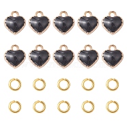 Heart Alloy Enamel Charms, with Brass Open Jump Rings, Black, Charms: 8x7.5x2.5mm, hole: 1.5mm, 10pcs; Jump Rings: 20 Gauge, 4x0.8mm, Inner Diameter: 2.4mm, 10pcs(ENAM-YW0002-85D)
