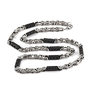 201 Stainless Steel Rectangle Byzantine Chain Necklace, with 304 Stainless Steel Clasps, Stainless Steel Color, Black, 23.82 inch(60.5cm), Link: 24.5x5.5x6.5mm(NJEW-F222-38EBP-01)