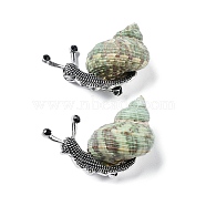Snail Green Natural Conch Shell Fossil Brooch Pin, Alloy Pin for Backpack Clothing, Antique Silver, 49.5~56x30~38x20~30mm(JEWB-A020-01AS-01)