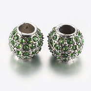 Alloy Rhinestone European Beads, Large Hole Beads, Rondelle, Platinum, Lawn Green, 10.5x9.5mm, Hole: 5mm(PALLOY-F200-03C)