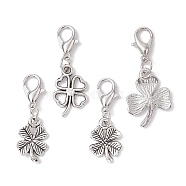 Clover Tibetan Style Alloy Pendant Decorations, with Zinc Alloy Lobster Claw Clasps, Antique Silver, 27~32mm, Clover: 14.5~19x10~14x2mm(HJEW-JM01725)