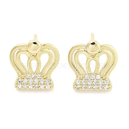 Brass Micro Pave Clear Cubic Zirconia Studs Earring, Crown, Real 18K Gold Plated, 11.5x11mm(EJEW-S217-G16)