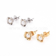 304 Stainless Steel Stud Earrings, with White Acrylic Beads and Ear Nuts, Flower, Mixed Color, 8.5x6mm, Pin: 0.7mm, 6pairs/card(EJEW-I236-03)