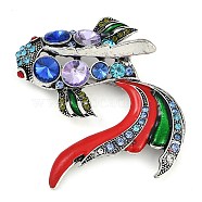 Zinc Alloy Colorful Rhinestone Brooch, Enamel Pins for Clothes, Antique Silver, Fish, 65x69mm(JEWB-U011-03AS-06)