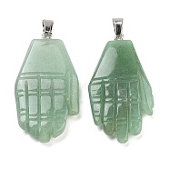 Natural Green Aventurine Carved Pendants, Hand Charms with Platinum Platinum Tone Metal Snap on Bails, 44x23x5mm, Hole: 7x4mm(G-K369-01P-04)