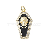 Brass Micro Pave Cubic Zirconia Pendants, with Enamel, Coffin Charms, Rack Plating, Long-Lasting Plated, Cadmium Free & Lead Free, with Jump Ring, Skull, 26.5x13.5x3.5mm, Hole: 3.5mm(KK-F892-04G-02A)