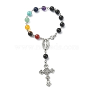 Natural Black Onyx & Mixed Gemstone Rosary Bead Bracelet, Alloy Cross & Virgin Mary Charm Bracelet for Women, 7-1/4 inch(18.5cm)(BJEW-TA00329-02)