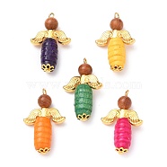 Alloy Pendants, with Natural Wood Beads, Wing Alloy Beads, Dyed Natural Wood Beads, Angel, Golden, 30.5x18.5x7.5mm, Hole: 2mm(PALLOY-JF00561)
