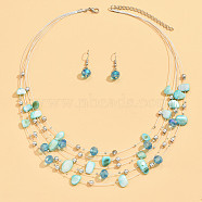 Bohemian Style Alloy & Shell Nuggets Beaded Multilayer Necklaces & Dangle Earrings Sets, Cyan, 440mm(FS-WG9A8A7-05)