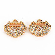 Brass Micro Pave Clear Cubic Zirconia Charms, Nickel Free, Lock, Real 18K Gold Plated, 10.5x12.5x2mm, Hole: 1.2mm(KK-S360-139-NF)