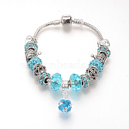 European Bracelets, with Tibetan Style Alloy Rhinestone Beads, Resin Beads and Brass Chains, Antique Silver, Round, Aquamarine, 7-7/8 inch(200mm)(BJEW-S124-11A)