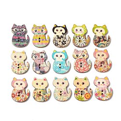 2-Hole Printed Wooden Buttons, for Sewing Crafting, Cat, Mixed Color, 29.5x21.5x2.5mm, Hole: 1.5mm(WOOD-WH0104-01A)