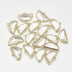 Glass Links connectors, with Golden Tone Brass Findings, Faceted, Fan, Clear, 18.5x24x7mm, Hole: 1.5mm(GLAA-Q068-05)